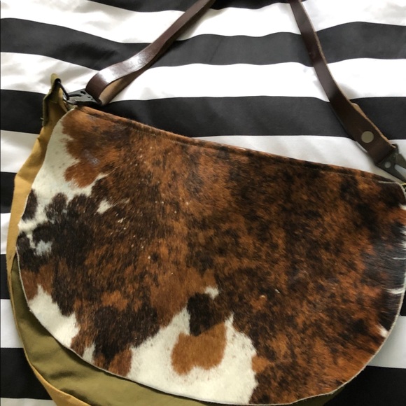 Side Body Bag Real Cow Hid  Canvas Leather Strap - Picture 5 of 15